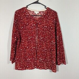 Garnet Hill Womens Red Animal Print Merino Wool Cardigan Sz‎ L Mature Mob Wife